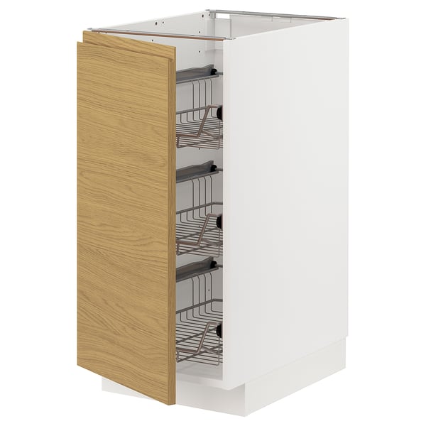 Armoire de cuisine METOD, blanc & chêne, paniers coulissants en fil métallique.