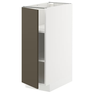 Une armoire blanche du système de cuisine ikea METOD avec une porte marron foncé et des étagères réglables.