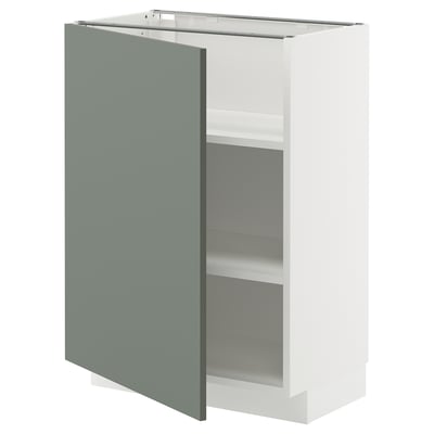 Un meuble de cuisine ikea METOD gris-vert au design moderne avec des étagères réglables et une charnière nickelée.