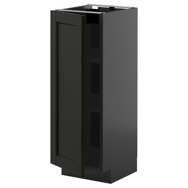 Cette image montre une armoire de cuisine METOD gris foncé avec une porte à bord biseauté et des étagères réglables.