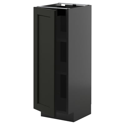 Cette image montre une armoire de cuisine METOD gris foncé avec une porte à bord biseauté et des étagères réglables.