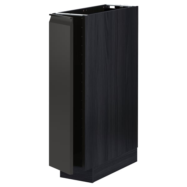 Armoire de cuisine noire moderne au design élégant et sans poignée, dotée d’une structure carrée et robuste.