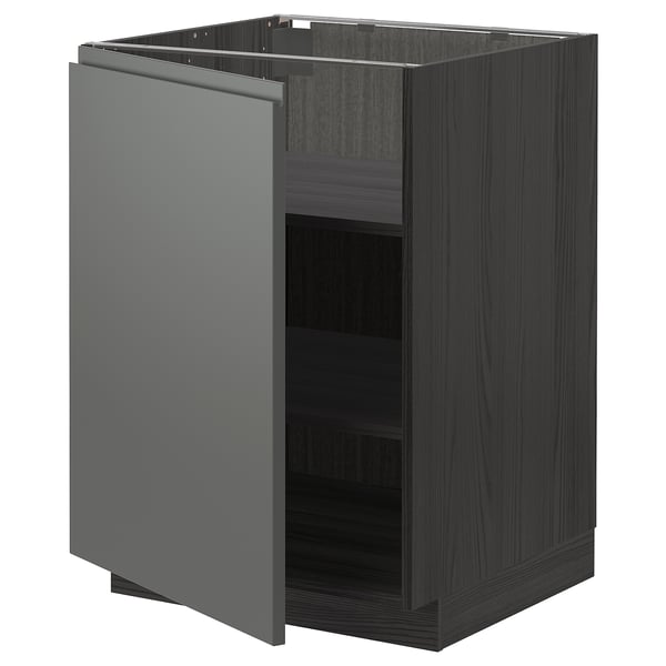 Armoire de cuisine minimaliste, gris foncé, finition imitation bois, porte ouverte unique, étagères réglables, design élégant.