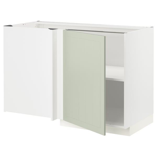 Armoire d’angle blanche, porte verte, cuisine moderne, étagère réglable, cadre robuste.
