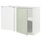 Armoire d’angle blanche, porte verte, cuisine moderne, étagère réglable, cadre robuste.