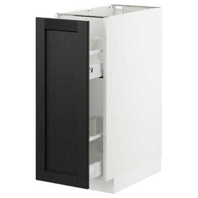 Une armoire de cuisine moderne, la METOD en blanc avec une porte en lerhyttan teinté foncé, dotée d’un système de tiroir coulissant.