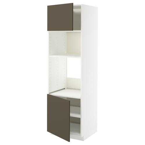 Un meuble de cuisine METOD blanc avec des portes marron, doté d’étagères ouvertes et d’un design moderne.
