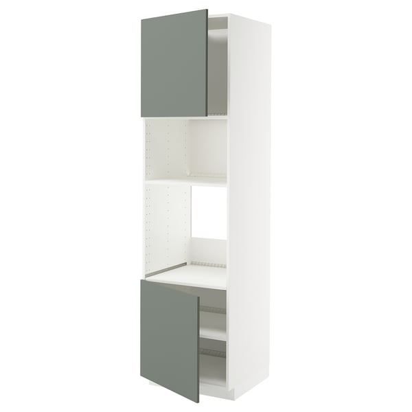 Meuble de cuisine METOD avec portes gris-vert, étagères blanches, étagères réglables.