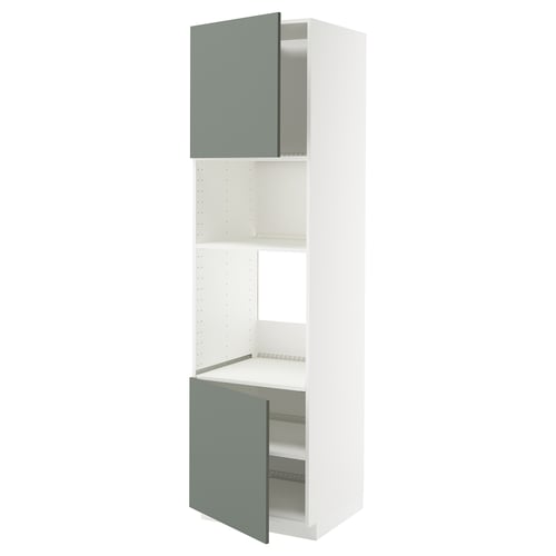 Meuble de cuisine METOD avec portes gris-vert, étagères blanches, étagères réglables.