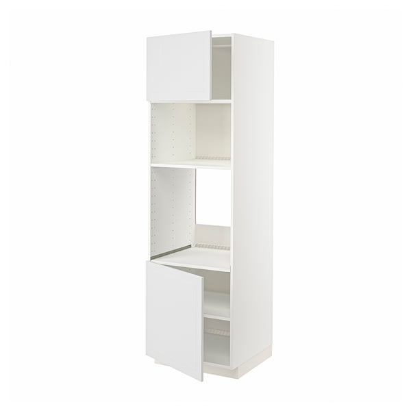 Armoire de cuisine METOD blanche, haute avec portes ouvertes, design moderne.