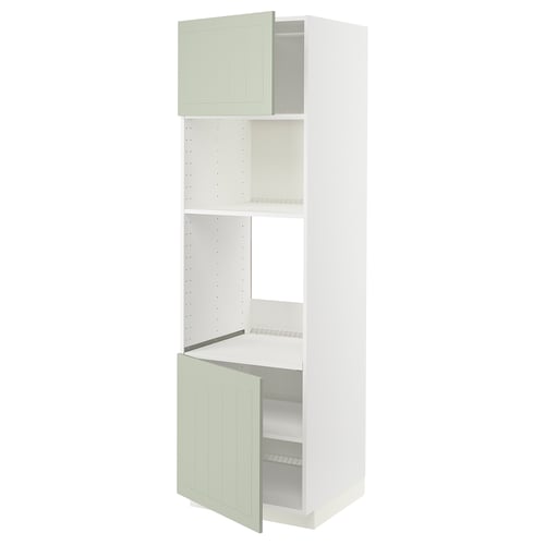 Unité de cuisine METOD : haute, blanche et verte, avec étagères réglables, portes à panneaux.