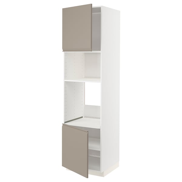 Meuble de cuisine METOD, gris-beige, moderne, haut avec portes ouvertes, étagères intérieures blanches.