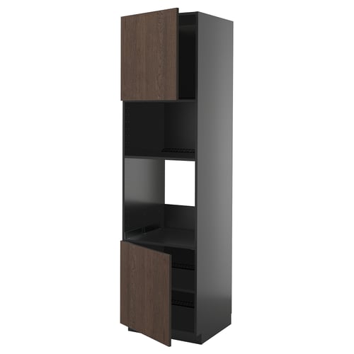 Armoire de cuisine METOD, gris foncé avec portes en bois brun, étagère ouverte, compartiment inférieur fermé.