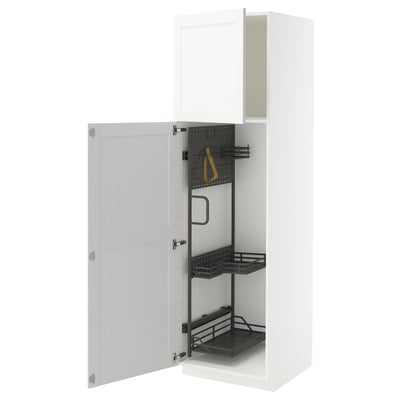 Armoire METOD blanche, ouverte montrant des étagères réglables et des outils de suspension. Design moderne et fonctionnel pour la cuisine ou la blanchisserie.