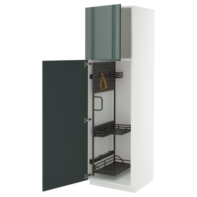 Armoire de cuisine moderne, intérieur gris-vert, blanc, étagères, plateaux coulissants, charnières métalliques, design 3D.