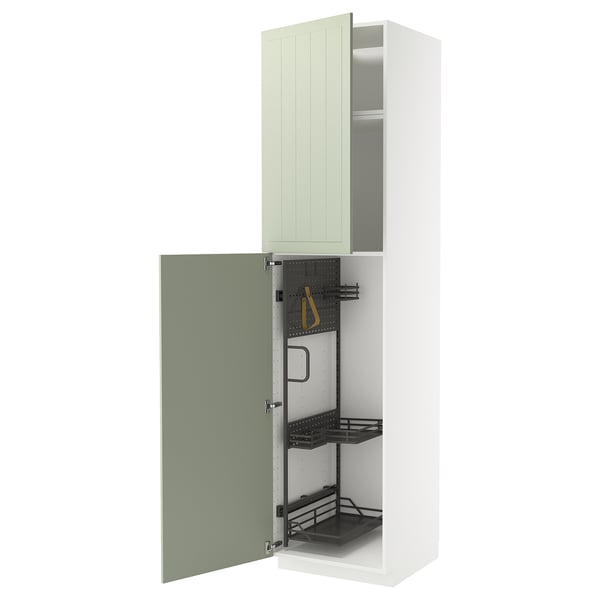 Armoire de rangement verte étroite METOD avec deux étagères, porte ouverte