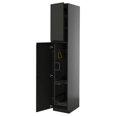 Armoire de cuisine noire avec porte ouverte, finition brillante, forme rectangulaire, design moderne.