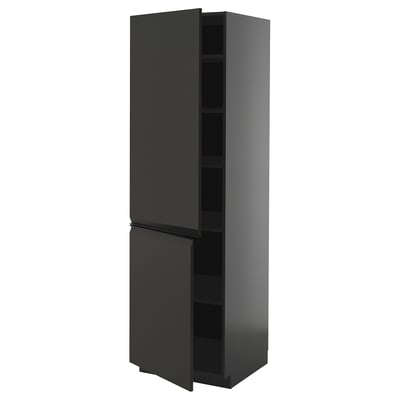 Cette image montre une armoire verticale noire moderne au design élégant et deux étagères ouvertes du système ikea METOD.
