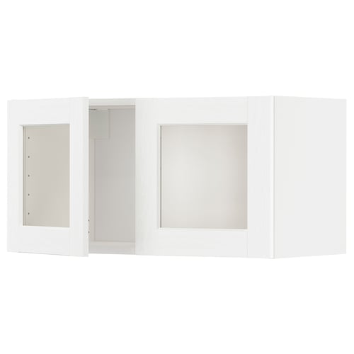 Unité de cuisine METOD blanche avec portes en verre, montrant les détails de la porte et des charnières.