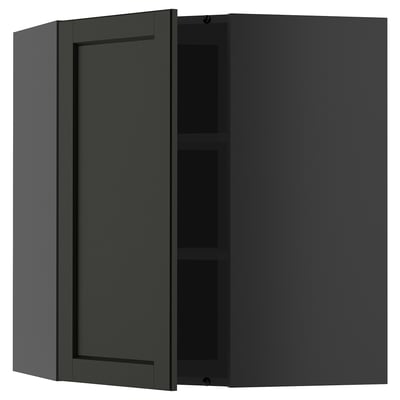 Armoire de cuisine ouverte vert foncé, montrant les étagères.