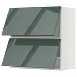 Meubles de cuisine modernes, gris-vert, finition brillante, mural, forme carrée.