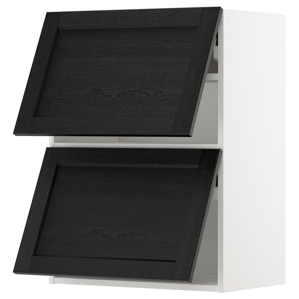 Armoire de cuisine en bois noir avec deux portes ouvertes, cadre blanc.