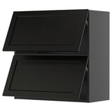 Armoires de cuisine noires, deux portes carrées aux bords biseautés.
