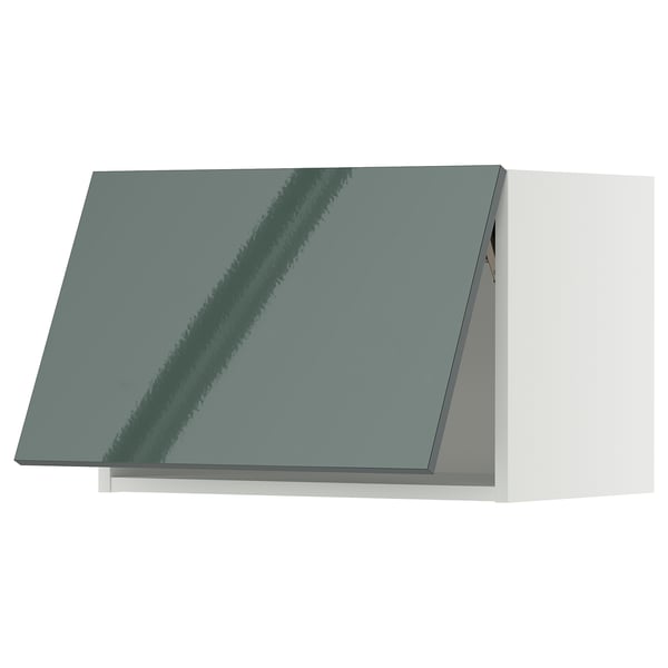 Armoire de cuisine moderne gris-vert brillant, rectangulaire, aux lignes épurées et au design élégant et contemporain.