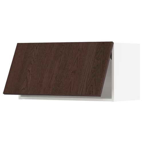 Tiroir en bois brun foncé avec des côtés blancs, de forme rectangulaire, de design simple.