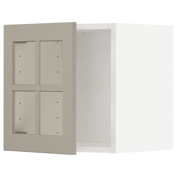 Une armoire de cuisine METOD beige avec des portes en verre et un cadre robuste.