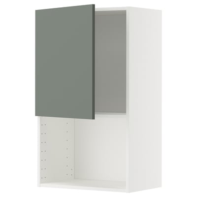 Armoire de cuisine moderne, blanche avec porte gris-vert. Forme carrée et étagère réglable.
