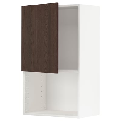 Meuble de cuisine METOD avec portes sinarp brun foncé, placage de chêne, intérieur blanc, étagère réglable.