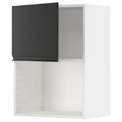 Armoire de cuisine moderne noir mat avec intérieur gris, cadre blanc et étagère réglable.