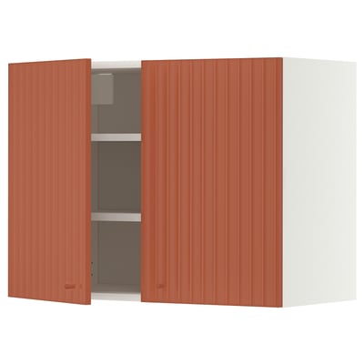 METOD Élément mural tablettes/2portes, blanc/Terrsjö motif ondulé rouge-brun, 80x60 cm