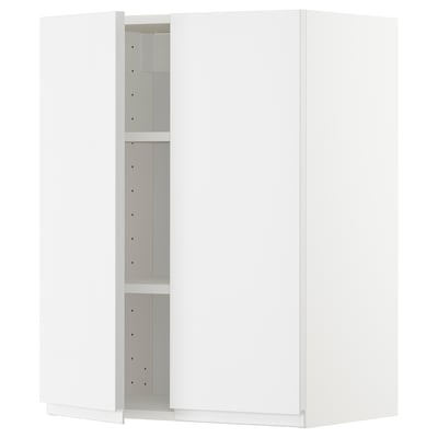 Armoire de cuisine blanche brillante avec étagères réglables.
