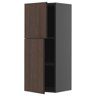 Armoire murale grise moderne avec portes en bois foncé, rectangulaire, design à deux portes.