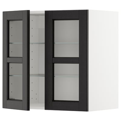 Armoire murale en bois teinté noir avec portes et étagères en verre. Moderne, forme rectangulaire, design épuré.