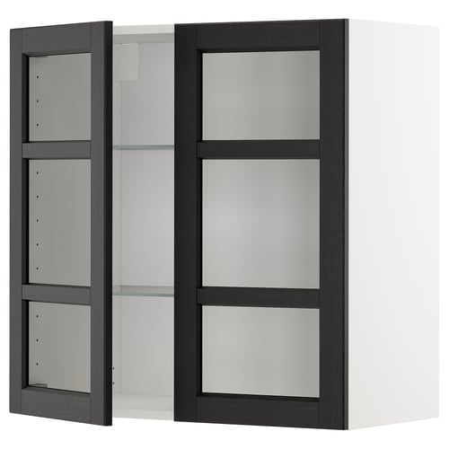 Armoire en bois noir avec portes en verre dépoli et étagères réglables.