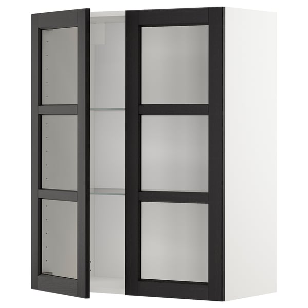 Armoire de cuisine METOD, frêne teinté noir avec portes en verre dépoli.