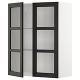 Armoire de cuisine METOD, frêne teinté noir avec portes en verre dépoli.