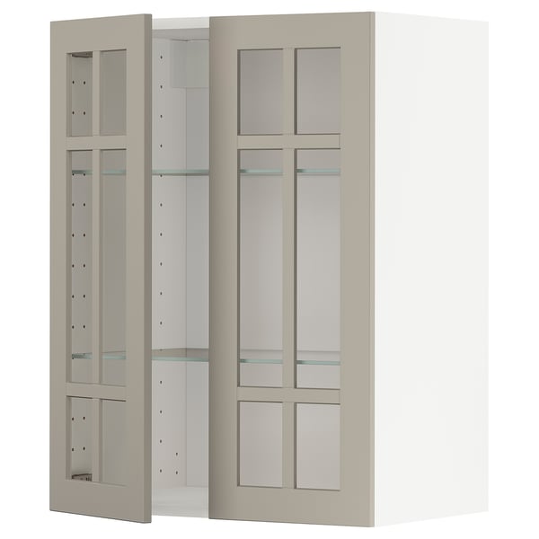 Meuble de cuisine METOD, beige, portes vitrées, étagères réglables.