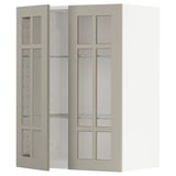 Meuble de cuisine METOD, beige, portes vitrées, étagères réglables.