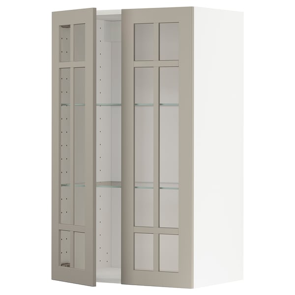 Armoire ouverte à portes vitrées beige de la série ikea METOD, dotée d’étagères réglables et d’un design moderne et minimaliste.