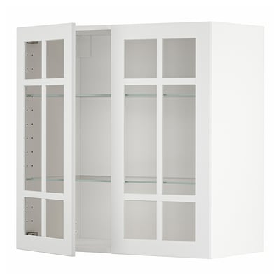 Armoire de cuisine METOD blanche avec portes et étagères en verre.