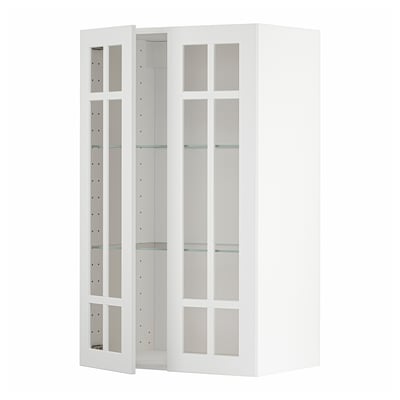 Armoire de cuisine METOD blanche avec portes vitrées, design épuré, étagères réglables.