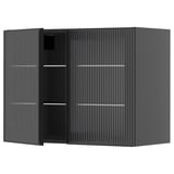 Armoire de cuisine noire moderne avec des portes en verre élégantes et des lignes verticales, avec un design minimaliste.
