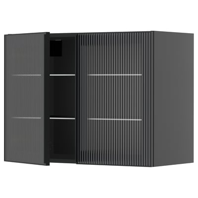 Armoire de cuisine noire moderne avec des portes en verre élégantes et des lignes verticales, avec un design minimaliste.
