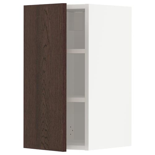 Armoire murale ouverte, bois brun foncé, intérieur blanc, étagère réglable.