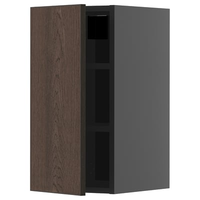 Armoire en bois brun foncé avec côté gris, murale, porte unique ouverte.