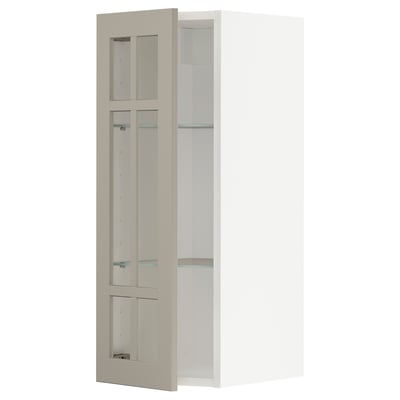 Armoire de cuisine METOD à porte en verre beige avec étagères blanches, de forme rectangulaire, design moderne.